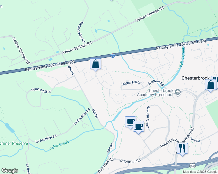 map of restaurants, bars, coffee shops, grocery stores, and more near 50 Militia Hill Drive in Chesterbrook