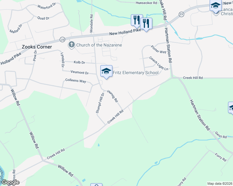 map of restaurants, bars, coffee shops, grocery stores, and more near 821 Hornig Road in Lancaster