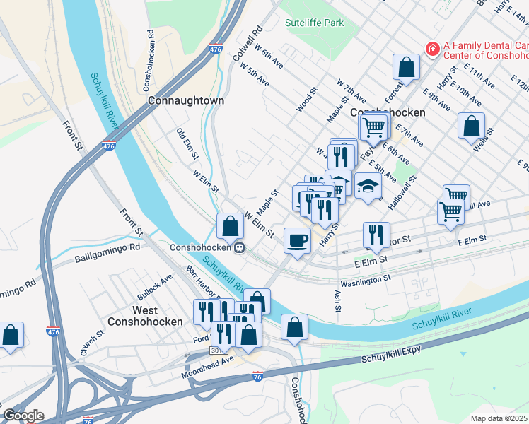 map of restaurants, bars, coffee shops, grocery stores, and more near 150 West Elm Street in Conshohocken