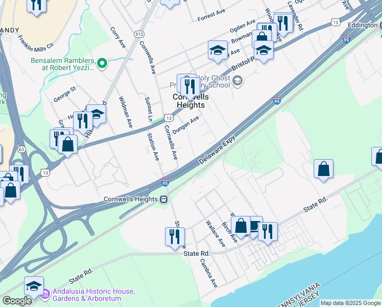 map of restaurants, bars, coffee shops, grocery stores, and more near 830 Simons Avenue in Bensalem