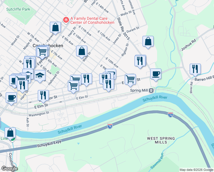 map of restaurants, bars, coffee shops, grocery stores, and more near 770 East Hector Street in Conshohocken