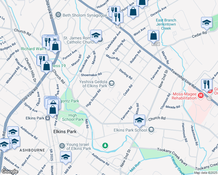map of restaurants, bars, coffee shops, grocery stores, and more near 8201 High School Rd in Elkins Park