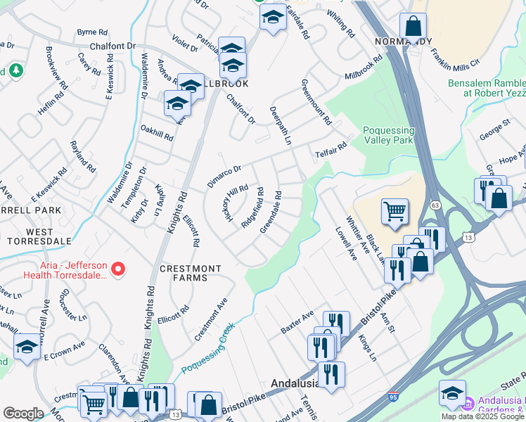 map of restaurants, bars, coffee shops, grocery stores, and more near 155 Ridgefield Road in Philadelphia