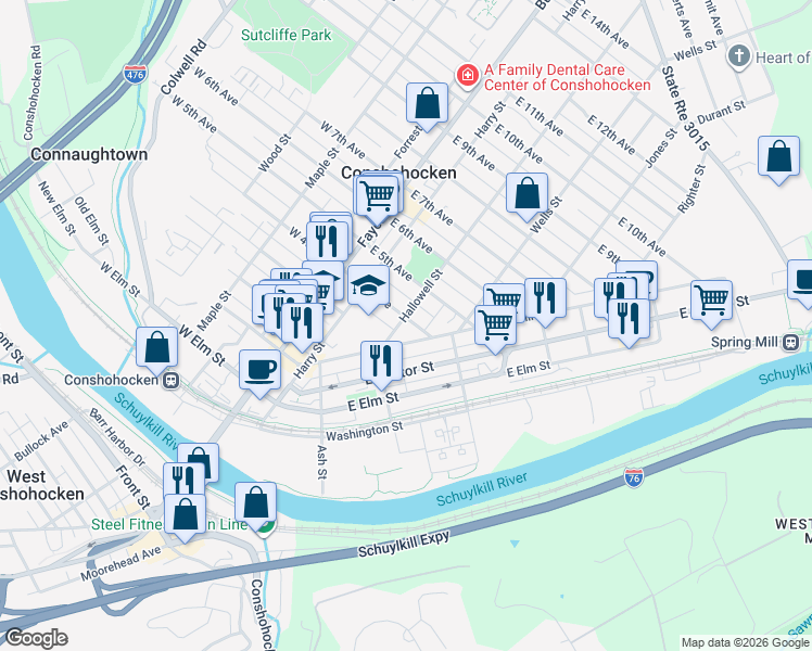map of restaurants, bars, coffee shops, grocery stores, and more near 319 Spring Mill Avenue in Conshohocken