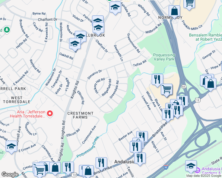 map of restaurants, bars, coffee shops, grocery stores, and more near 155 Ridgefield Road in Philadelphia