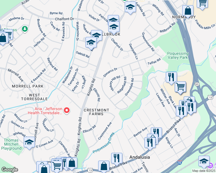 map of restaurants, bars, coffee shops, grocery stores, and more near 130 Hickory Hill Road in Philadelphia