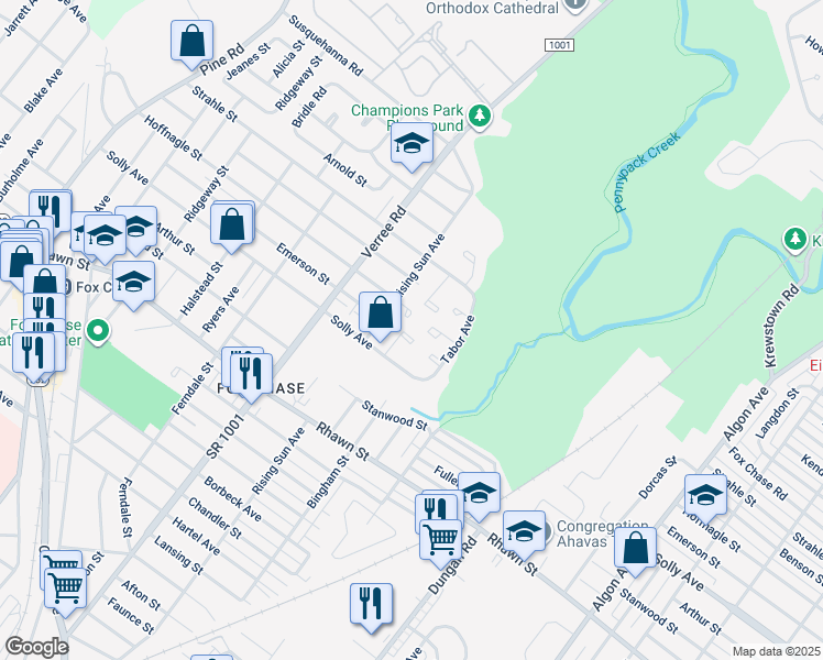 map of restaurants, bars, coffee shops, grocery stores, and more near 1107 Solly Place in Philadelphia