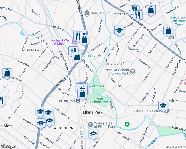 map of restaurants, bars, coffee shops, grocery stores, and more near 7933 Park Avenue in Elkins Park