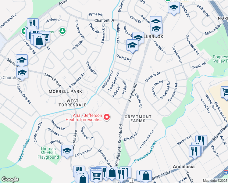 map of restaurants, bars, coffee shops, grocery stores, and more near 10906 Kirby Drive in Philadelphia