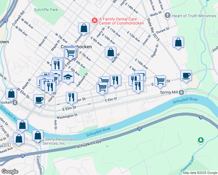 map of restaurants, bars, coffee shops, grocery stores, and more near 525 Spring Mill Avenue in Conshohocken