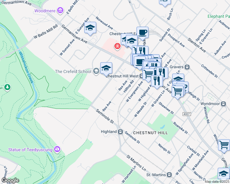 map of restaurants, bars, coffee shops, grocery stores, and more near 203 Rex Avenue in Philadelphia