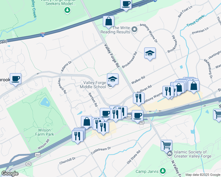 map of restaurants, bars, coffee shops, grocery stores, and more near 105 West Walker Road in Wayne