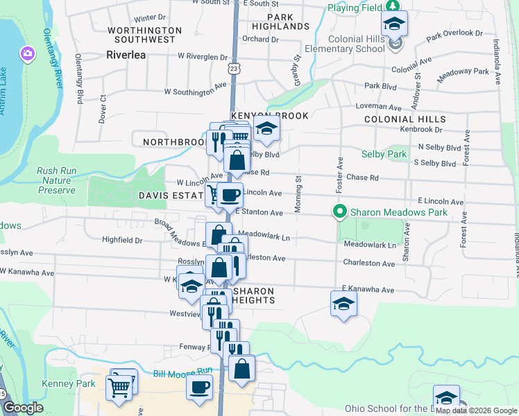 map of restaurants, bars, coffee shops, grocery stores, and more near 35 East Stanton Avenue in Columbus