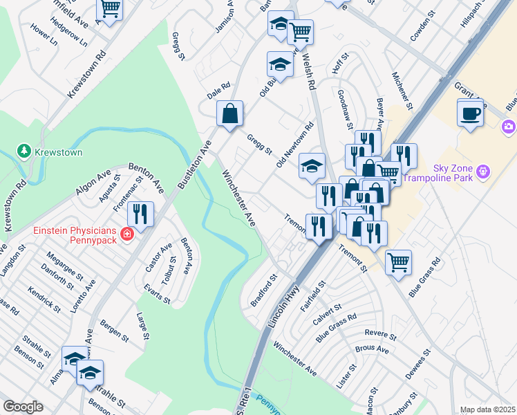 map of restaurants, bars, coffee shops, grocery stores, and more near 2275 Winchester Avenue in Philadelphia