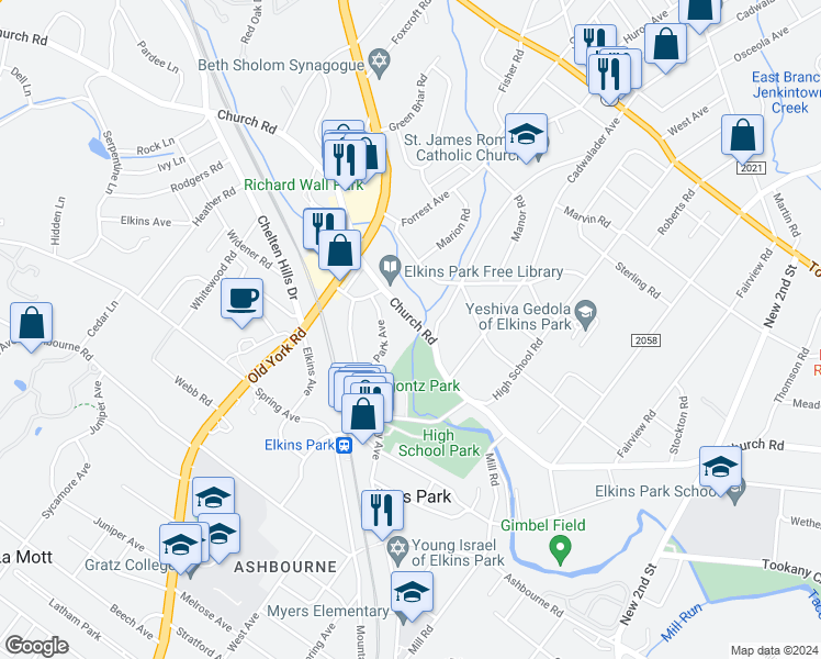 map of restaurants, bars, coffee shops, grocery stores, and more near 7933 Park Avenue in Elkins Park