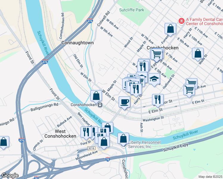 map of restaurants, bars, coffee shops, grocery stores, and more near 75 Maple Street in Conshohocken