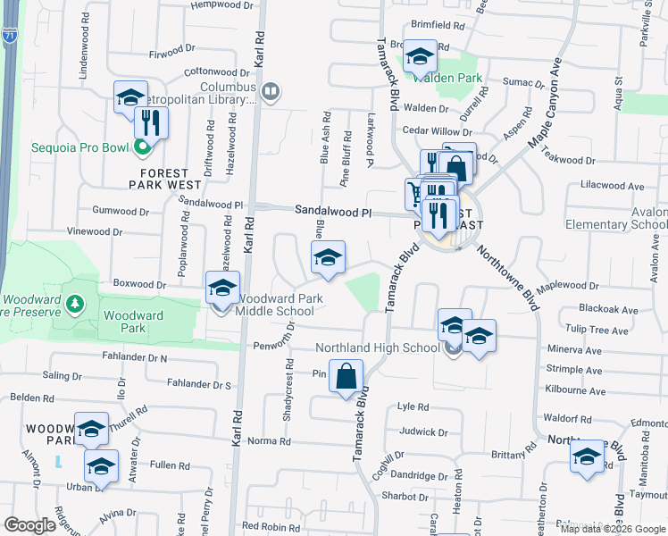 map of restaurants, bars, coffee shops, grocery stores, and more near 1711 Penworth Drive in Columbus