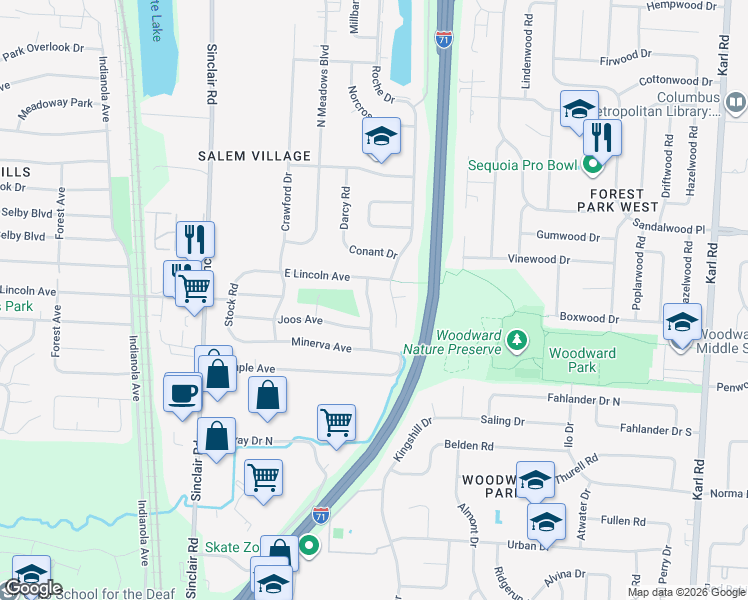 map of restaurants, bars, coffee shops, grocery stores, and more near 5286 Eisenhower Road in Columbus