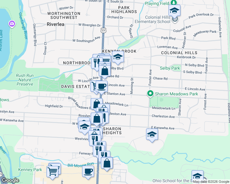 map of restaurants, bars, coffee shops, grocery stores, and more near 35 East Stanton Avenue in Columbus