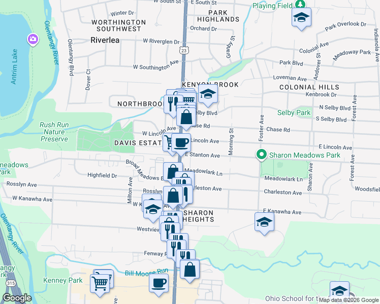 map of restaurants, bars, coffee shops, grocery stores, and more near 35 East Stanton Avenue in Columbus