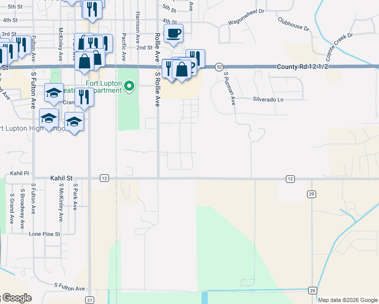 map of restaurants, bars, coffee shops, grocery stores, and more near 513 Bonneville Avenue in Fort Lupton