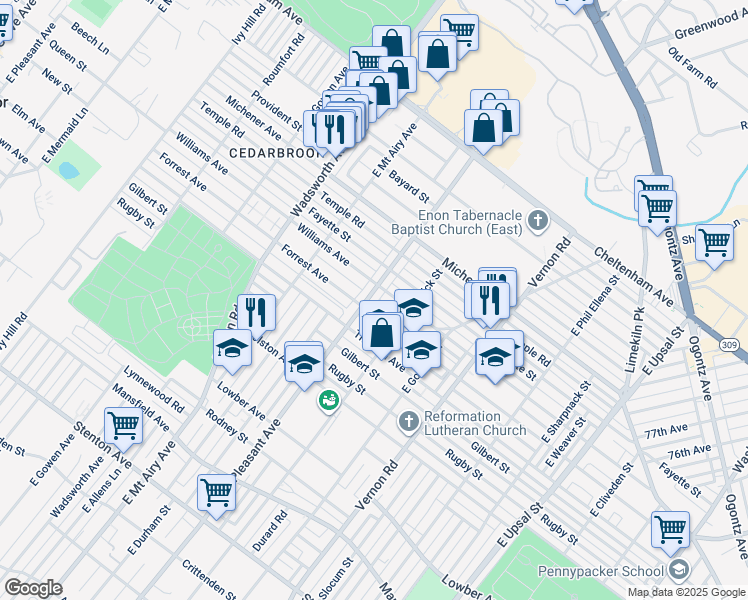 map of restaurants, bars, coffee shops, grocery stores, and more near 1334 East Mount Pleasant Avenue in Philadelphia
