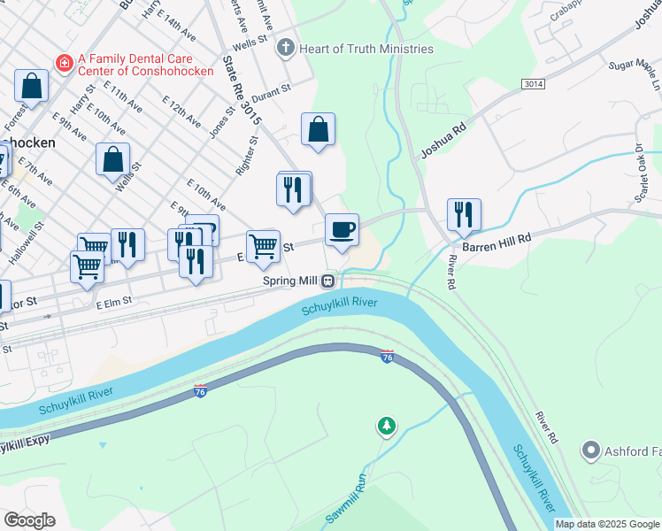 map of restaurants, bars, coffee shops, grocery stores, and more near 1151 East Hector Street in Conshohocken