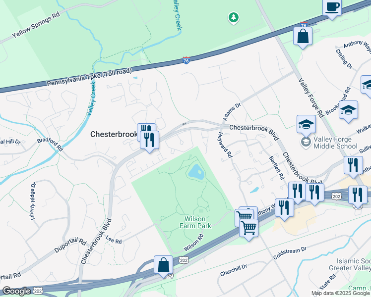 map of restaurants, bars, coffee shops, grocery stores, and more near 48 Cabot Drive in Chesterbrook