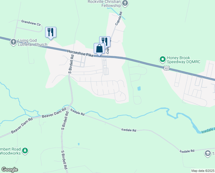 map of restaurants, bars, coffee shops, grocery stores, and more near 96 Antler Court in Honey Brook