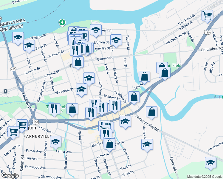 map of restaurants, bars, coffee shops, grocery stores, and more near 140 East Federal Street in Burlington