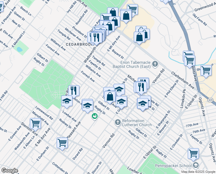 map of restaurants, bars, coffee shops, grocery stores, and more near 1334 East Mount Pleasant Avenue in Philadelphia
