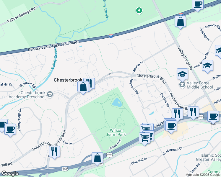 map of restaurants, bars, coffee shops, grocery stores, and more near 48 Cabot Drive in Chesterbrook