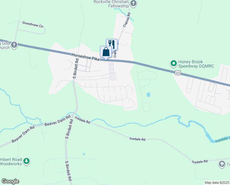 map of restaurants, bars, coffee shops, grocery stores, and more near 96 Antler Court in Honey Brook