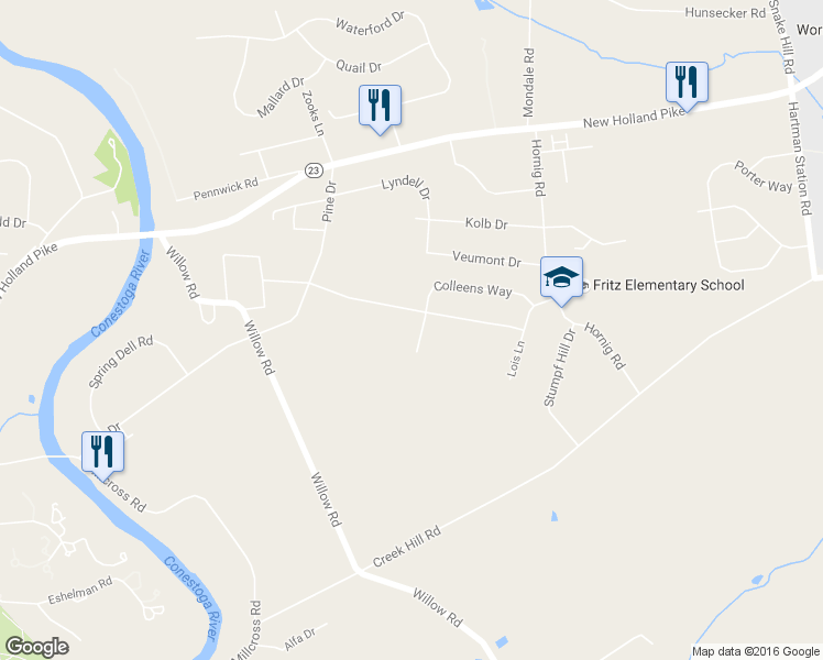 map of restaurants, bars, coffee shops, grocery stores, and more near 2121 Colleens Way in Lancaster