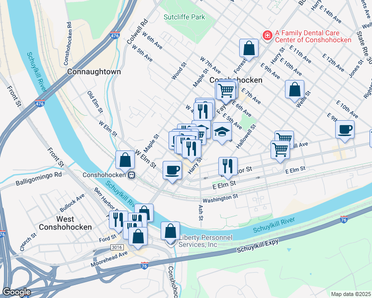 map of restaurants, bars, coffee shops, grocery stores, and more near 126 Fayette Street in Conshohocken