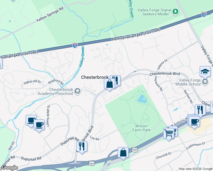 map of restaurants, bars, coffee shops, grocery stores, and more near 500 Chesterbrook Boulevard in Chesterbrook