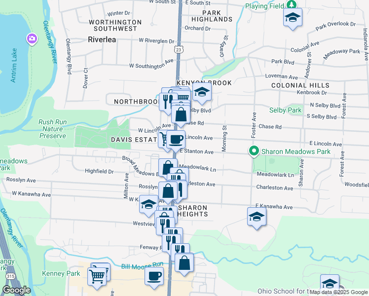 map of restaurants, bars, coffee shops, grocery stores, and more near 35 East Stanton Avenue in Columbus