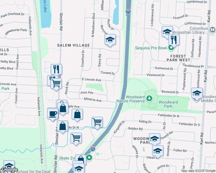 map of restaurants, bars, coffee shops, grocery stores, and more near 5286 Eisenhower Road in Columbus
