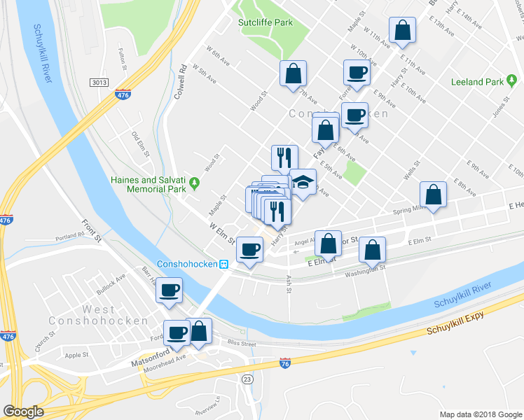 map of restaurants, bars, coffee shops, grocery stores, and more near 121 Forrest Street in Conshohocken