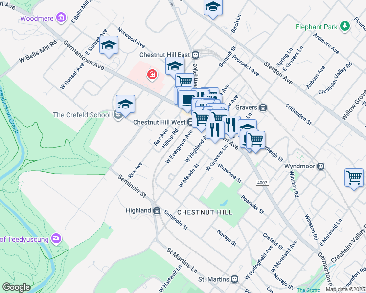 map of restaurants, bars, coffee shops, grocery stores, and more near 116 West Evergreen Avenue in Philadelphia