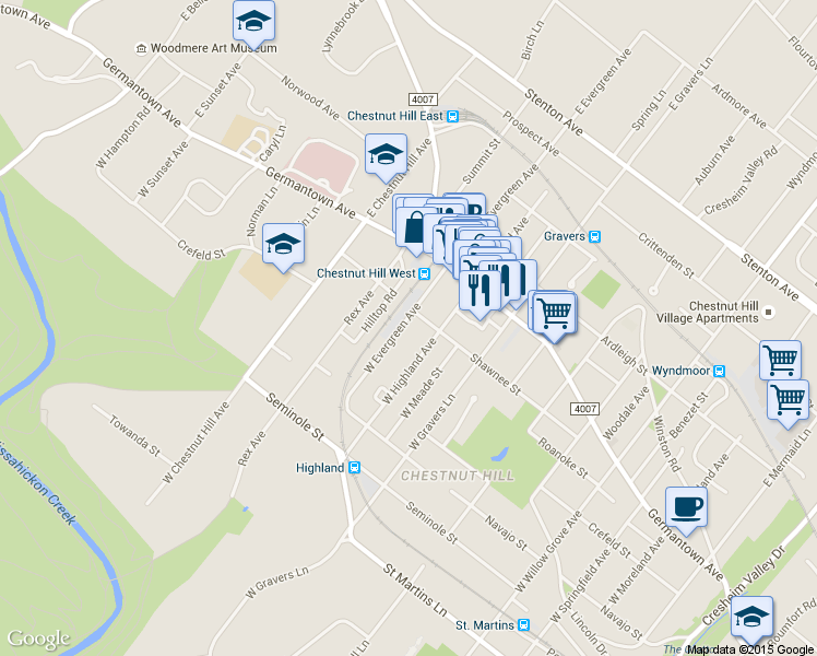 map of restaurants, bars, coffee shops, grocery stores, and more near 116 West Evergreen Avenue in Philadelphia