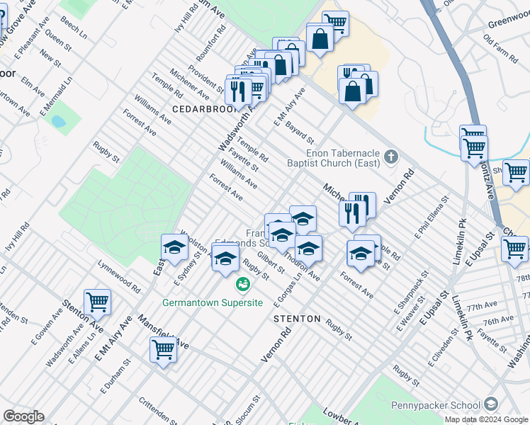map of restaurants, bars, coffee shops, grocery stores, and more near 1325 East Mount Pleasant Avenue in Philadelphia