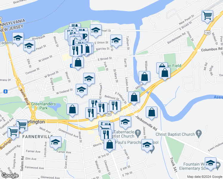 map of restaurants, bars, coffee shops, grocery stores, and more near 140 East Federal Street in Burlington