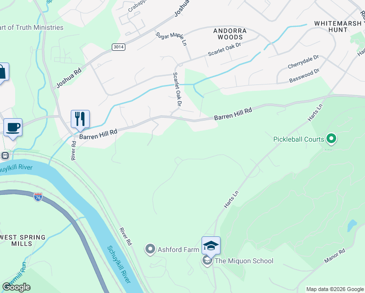 map of restaurants, bars, coffee shops, grocery stores, and more near 313 Barren Hill Road in Conshohocken