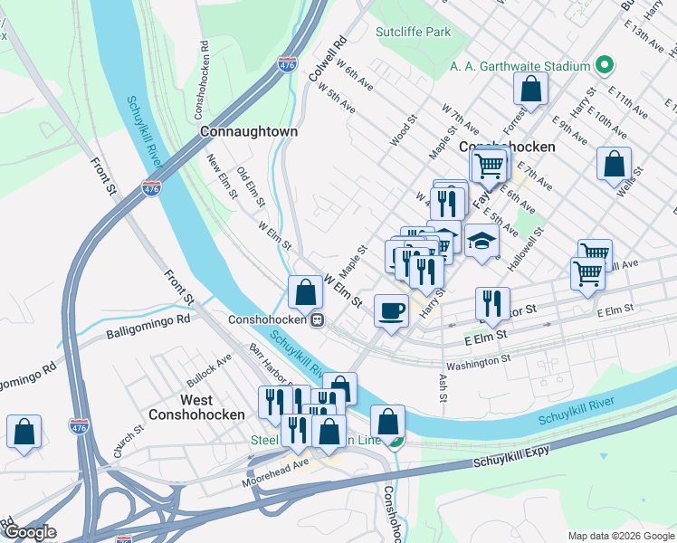 map of restaurants, bars, coffee shops, grocery stores, and more near 7 West 1st Avenue in Conshohocken