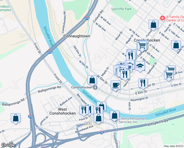 map of restaurants, bars, coffee shops, grocery stores, and more near 342 West Elm Street in Conshohocken