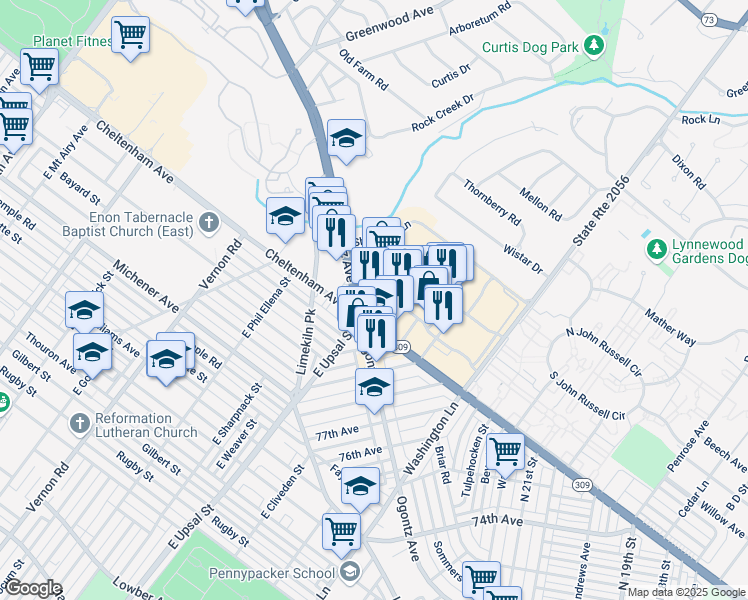 map of restaurants, bars, coffee shops, grocery stores, and more near 2451 West Cheltenham Avenue in Wyncote