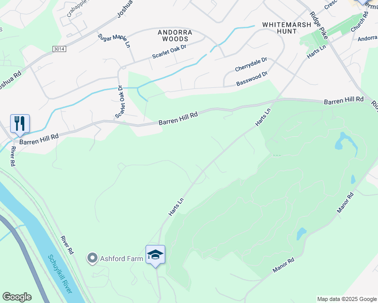 map of restaurants, bars, coffee shops, grocery stores, and more near 2113 Harts Lane in Conshohocken