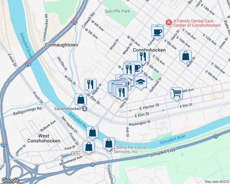 map of restaurants, bars, coffee shops, grocery stores, and more near 121 Forrest Street in Conshohocken