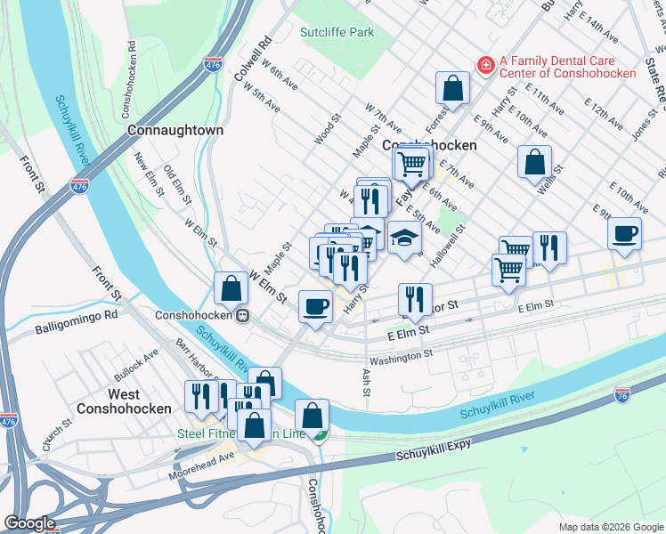 map of restaurants, bars, coffee shops, grocery stores, and more near 213A Forrest Street in Conshohocken